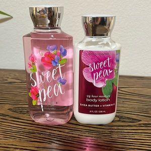 Bath and body Works, sweet pea, shower gel, and body lotion